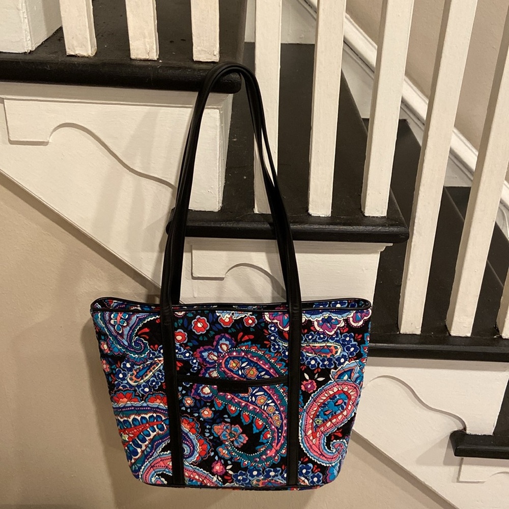 VERA BRADY FLORAL Parisian paisley TOTE WITH Blk LEATHER STRAPS 14in strap - Picture 7 of 12